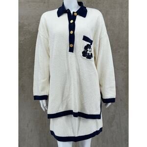 Vintage Escada Set Womens Sweater 42 Skirt 40 Cream Navy Bouclé‎ Sequins Knit
